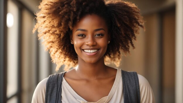 Gros plan d'une belle fille africaine joyeuse et satisfaite sourit à la caméra