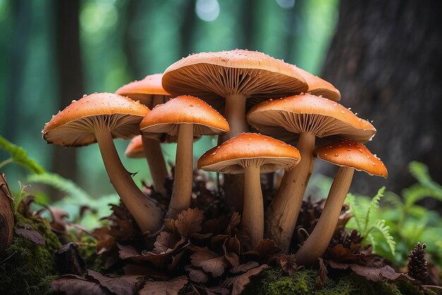 En gros plan, une belle grappe de champignons de couleur claire dans la texture d'arrière-plan de l'arbre Vue de la photographie macro