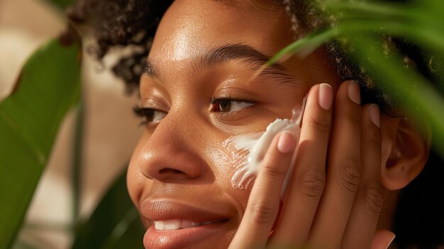 Photo un gros plan d'une belle jeune femme appliquant une crème hydratante sur son visage elle a un sourire radieux et une peau impeccable