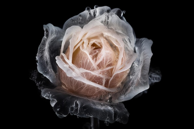 Photo gros plan d'une belle rose rose poudre fraîche congelée sur fond noir