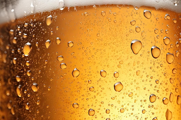 Un gros plan de bière légère froide dans un verre avec des gouttelettes à l'extérieur formant un arrière-plan