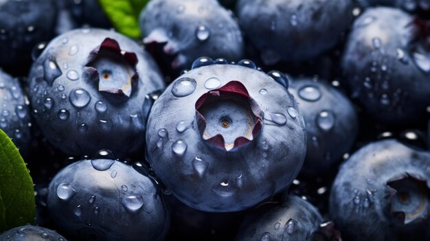 gros plan de bleuets dans des gouttes d'eau