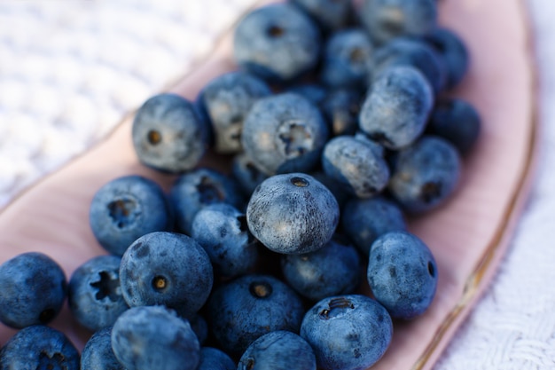 Gros plan de bleuets frais dans une assiette rose