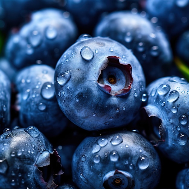 Un gros plan de bleuets avec des gouttelettes d'eau sur eux