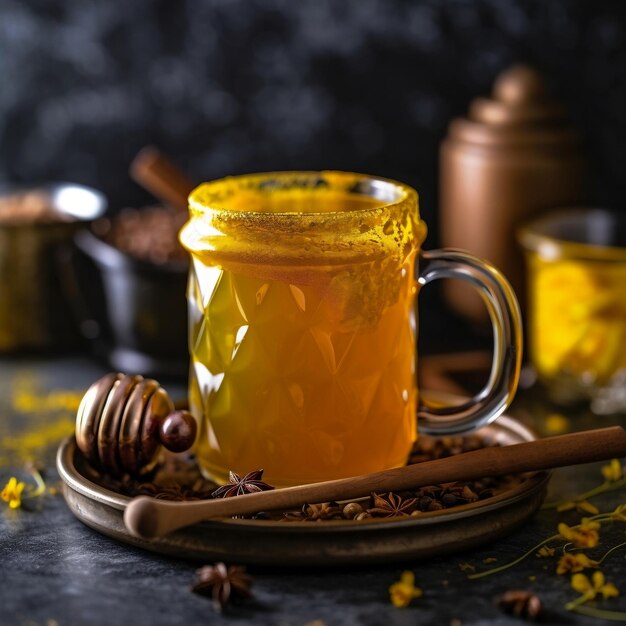 Gros plan sur une boisson au thé doré avec du curcuma et du miel AI générative