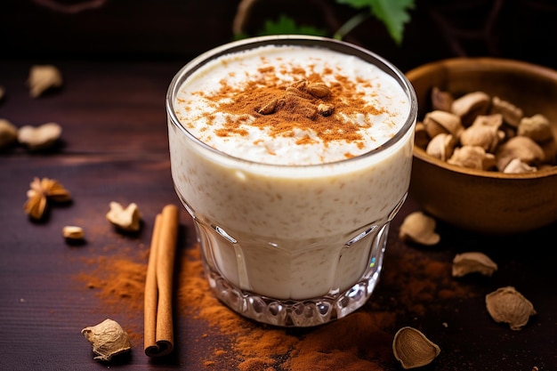 Un gros plan d'une boisson traditionnelle mexicaine horchata avec de la cannelle