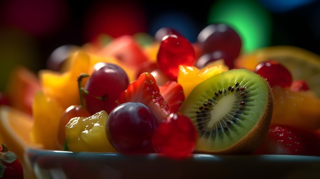 Un gros plan d'un bol de fruits avec un kiwi et un kiwi