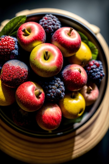 Un gros plan d'un bol de fruits sur une table