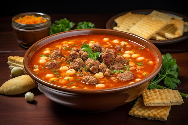 Un gros plan d'un bol de soupe de menudo mexicaine abondante