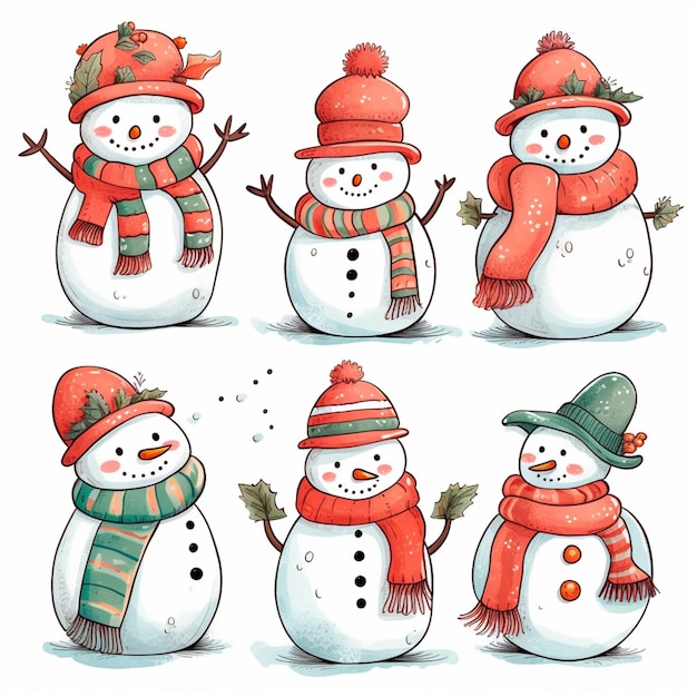 Un gros plan d'un bonhomme de neige avec différents chapeaux et foulards ai génératif