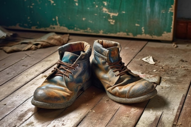 Photo gros plan de bottes en cuir usées sur un plancher en bois créé avec une ia générative