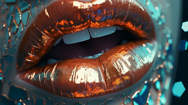 Un gros plan d'une bouche avec un rouge à lèvres or et orange.