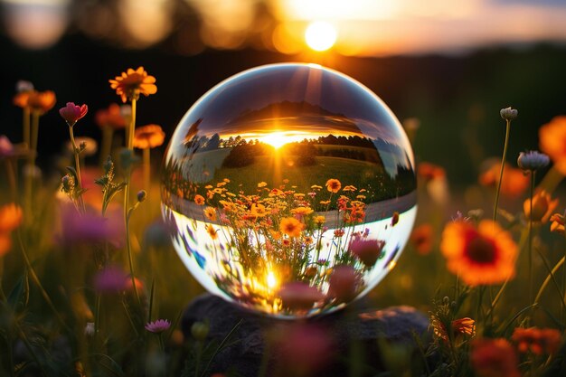 Photo un gros plan d'une boule de cristal réfractant un champ de fleurs sauvages