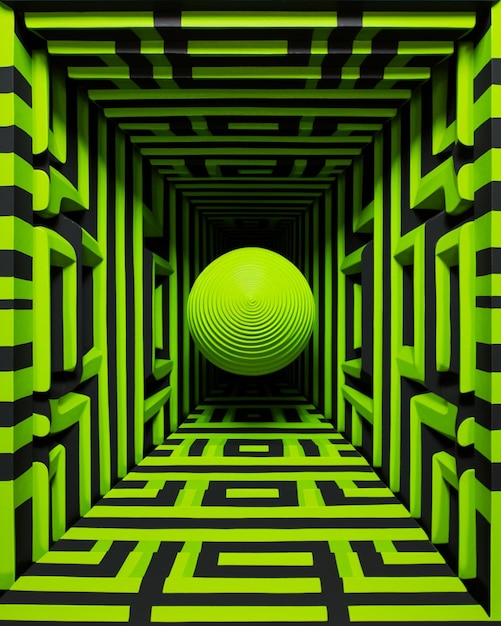 un gros plan d'une boule verte dans un labyrinthe comme une pièce générative ai