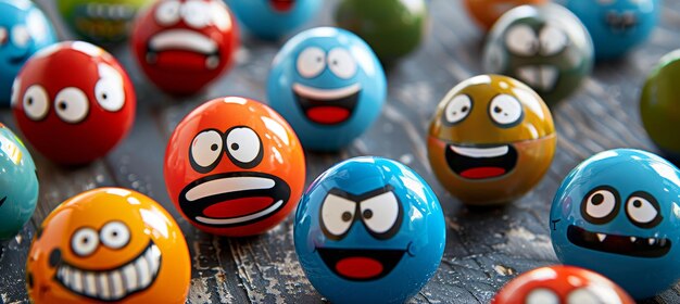 Photo un gros plan de boules d'emoji colorées montrant diverses émotions dans un assortiment vibrant