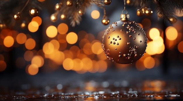 Gros plan de boules sur des guirlandes de bokeh d'arbre de Noël en arrière-plan concept du nouvel an