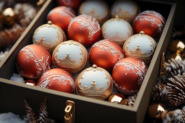 gros plan de boules de Noël festives dans une décoration de boîte pour les vacances