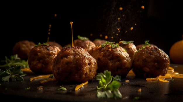 Un gros plan de boulettes de viande sur une table avec un fond noir