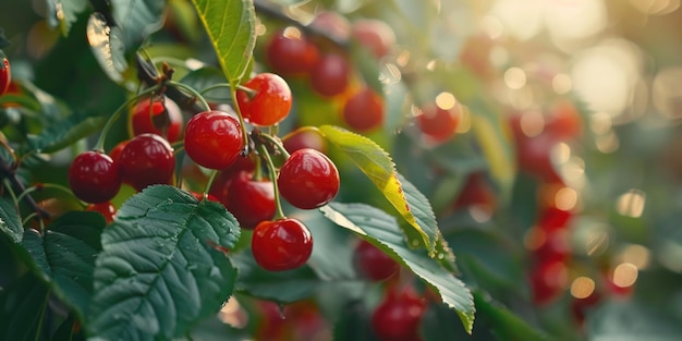 Un gros plan d'un bouquet de cerises sur un arbre adapté aux concepts de nourriture et de nature