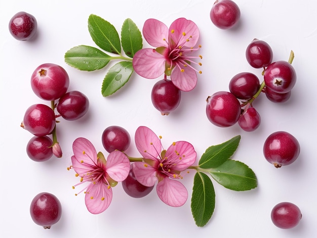 un gros plan d'un bouquet de cerises avec des feuilles et des fleurs génératives ai