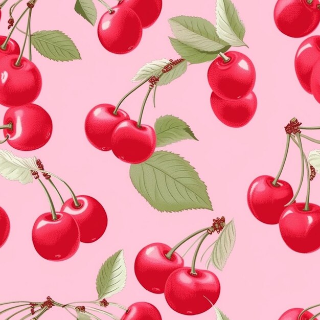 un gros plan d'un bouquet de cerises sur fond rose ai générative