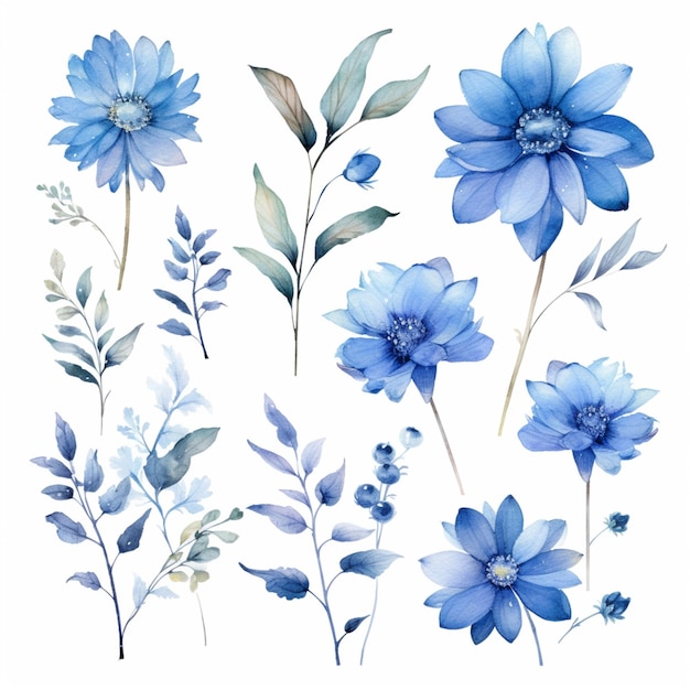 Un gros plan d'un bouquet de fleurs bleues sur fond blanc ai générative