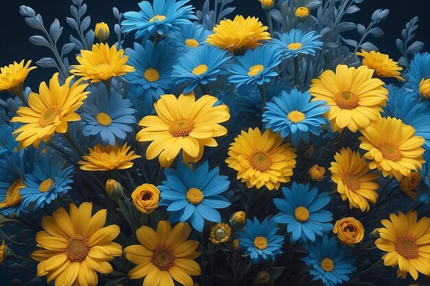 Un gros plan d'un bouquet de fleurs bleues et jaunes générative ai