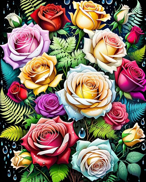Photo un gros plan d'un bouquet de fleurs avec des gouttelettes d'eau roses fond floral fleurs colorées