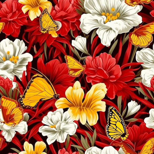 un gros plan d'un bouquet de fleurs avec des papillons dessus IA générative