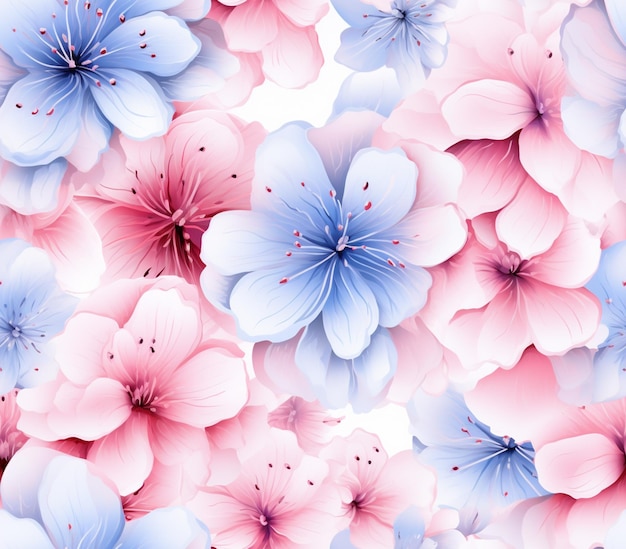 Un gros plan d'un bouquet de fleurs roses et bleues générative ai