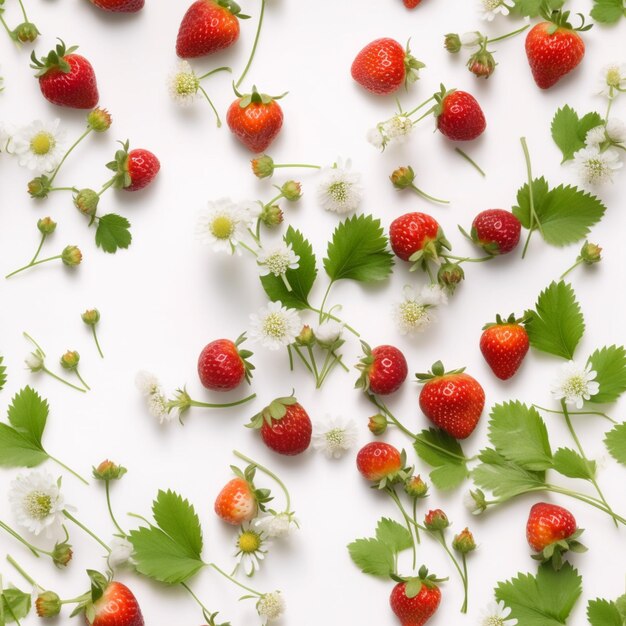 Un gros plan d'un bouquet de fraises avec des feuilles et des fleurs AI Generative
