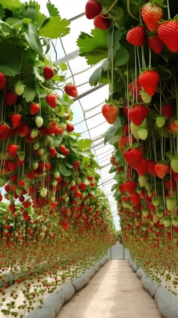 un gros plan d'un bouquet de fraises suspendu à un plafond ai génératif