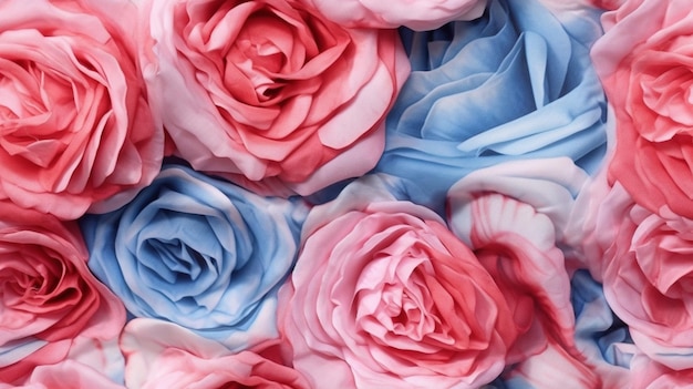 un gros plan d'un bouquet de roses roses et bleues générative ai