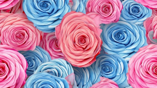 un gros plan d'un bouquet de roses roses et bleues générative ai
