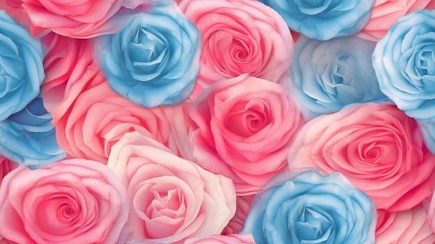 un gros plan d'un bouquet de roses roses et bleues générative ai