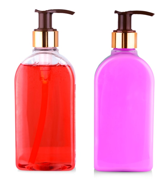 Gros plan bouteille pleine isolée de savon liquide rose pour les mains