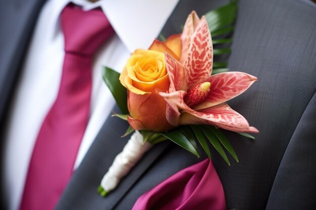 Gros plan de la boutonnière de mariage avec des fleurs exotiques