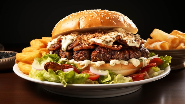 Gros plan Brade avec burger grillé dans une assiette isolée sur blanc