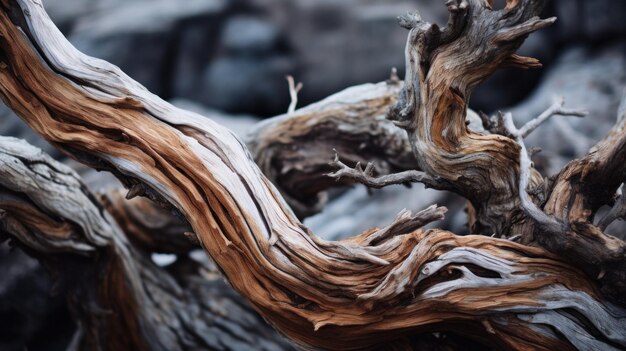 Un gros plan d'une branche d'arbre avec des couleurs brunes et blanches