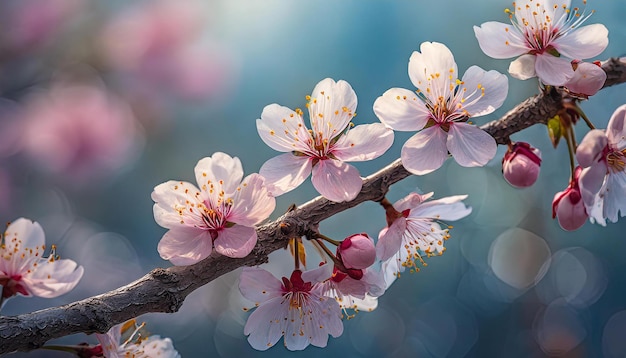 Un gros plan d'une branche d'arbre avec des fleurs roses, un fond bleu flou, de belles fleurs, le printemps.