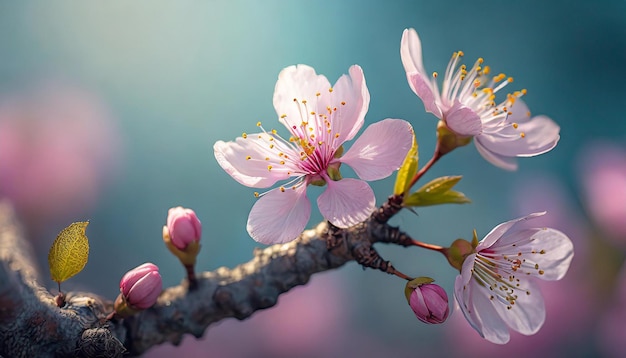 Photo un gros plan d'une branche d'arbre avec des fleurs roses, un fond bleu flou, de belles fleurs, le printemps.