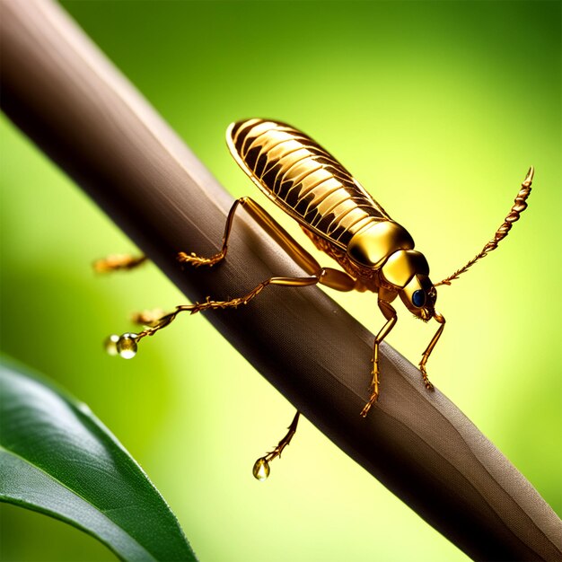 Un gros plan d'une branche d'arbre et d'un insecte doré au sommet d'une feuille.