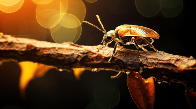 Photo un gros plan d'une branche d'arbre et d'un insecte doré