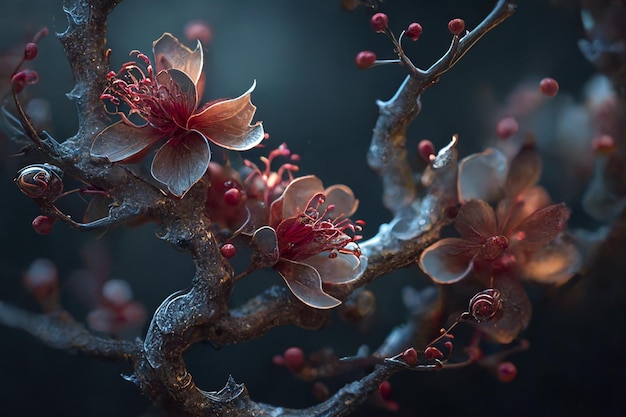 Un gros plan d'une branche avec des fleurs