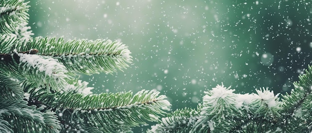 Gros plan des branches vertes de sapin enneigées et des flocons de neige fond de bannière de Noël