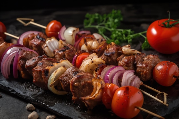 Un gros plan d'une brochette de viande et de légumes IA générative