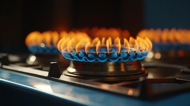 Photo un gros plan d'un brûleur à gaz avec des flammes bleues.