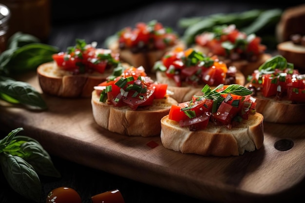 Photo un gros plan de bruschetta sur une planche de bois à couper