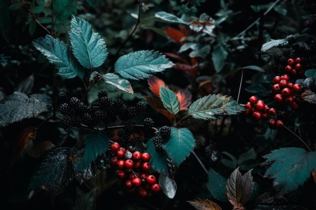 Un gros plan d'un buisson avec des baies rouges et des feuilles