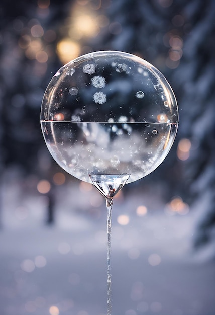 Gros plan sur une bulle gelée avec des flocons de neigebulle de savon geléehiver nature morte avec fond sombre et espace de copie